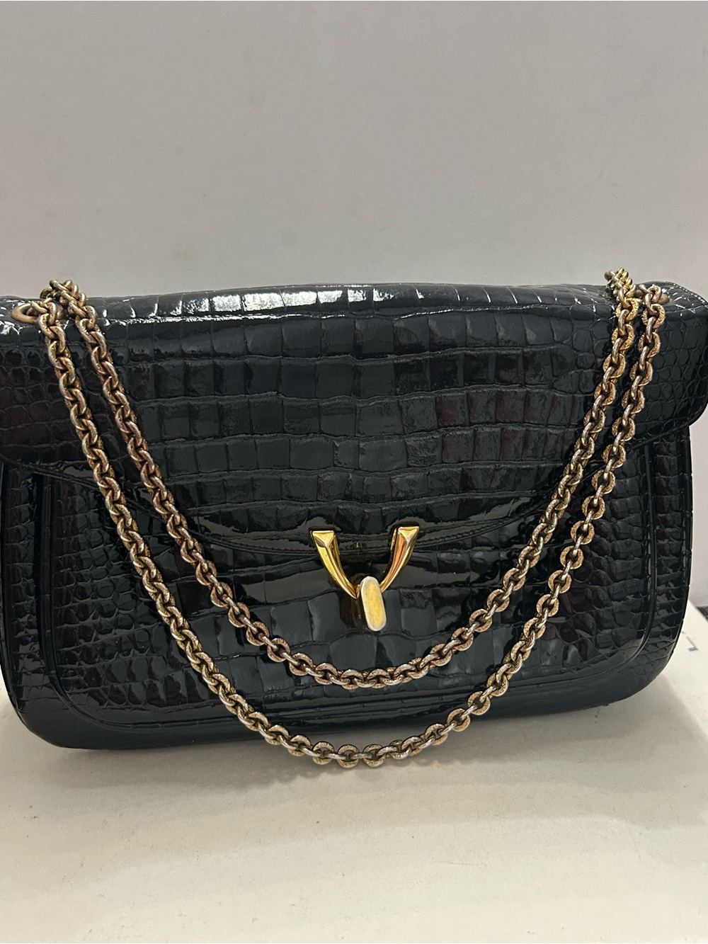Vintage Prestige Black Croc Embossed Vinyl Shoulder Bag Gold Chain